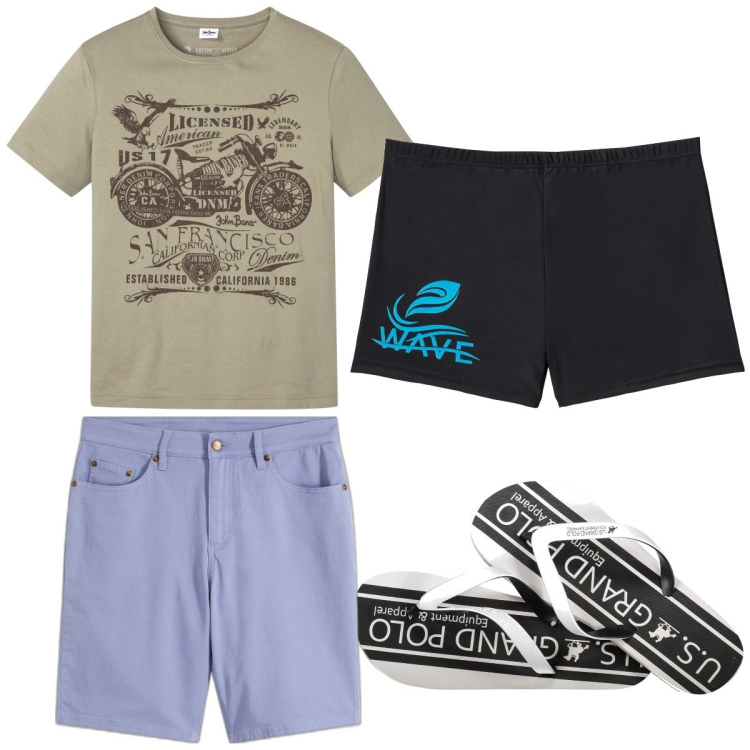 Outfit uomo - Total look #1932606. Stile Trendy per Mare. Abbinamento con costumi, t-shirt, bermuda, sandali.