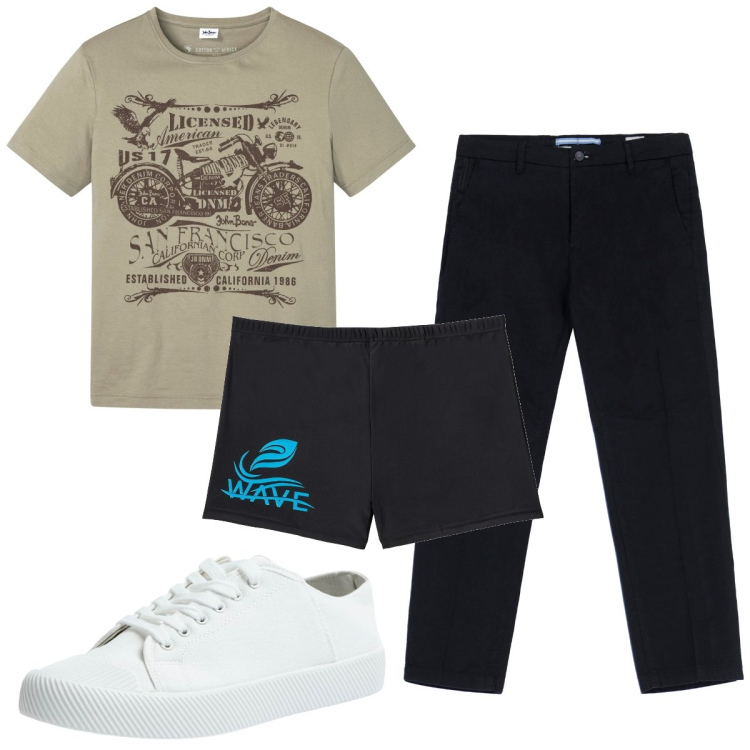 Outfit uomo - Total look #1932607. Stile Trendy per Mare. Abbinamento con costumi, t-shirt, sneakers, pantaloni.