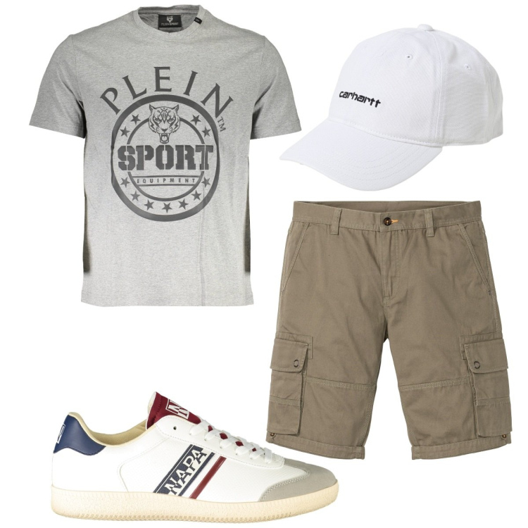 Outfit uomo - Total look #1932618. Stile Trendy per Tutti i giorni. Abbinamento con bermuda, t-shirt, sneakers, cappelli.
