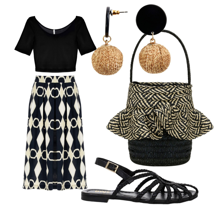 Outfit donna - Black. Stile Casual chic per Tutti i giorni. Abbinamento con orecchini, gonne longuette, t-shirt, borse a secchiello, sandali.