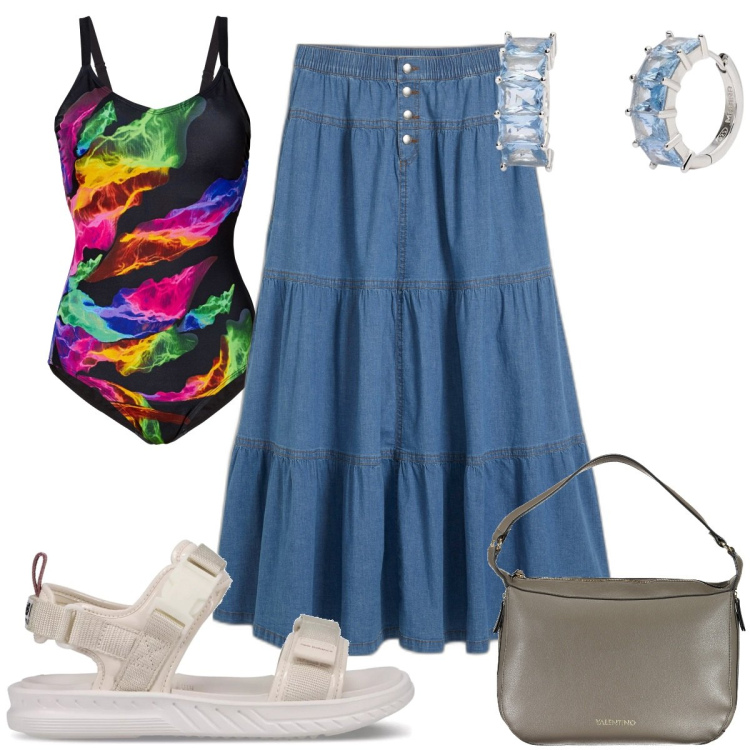 Outfit donna - Total look #1932623. Stile Trendy per Mare. Abbinamento con costumi interi, gonne, orecchini, sandali, borse a spalla.