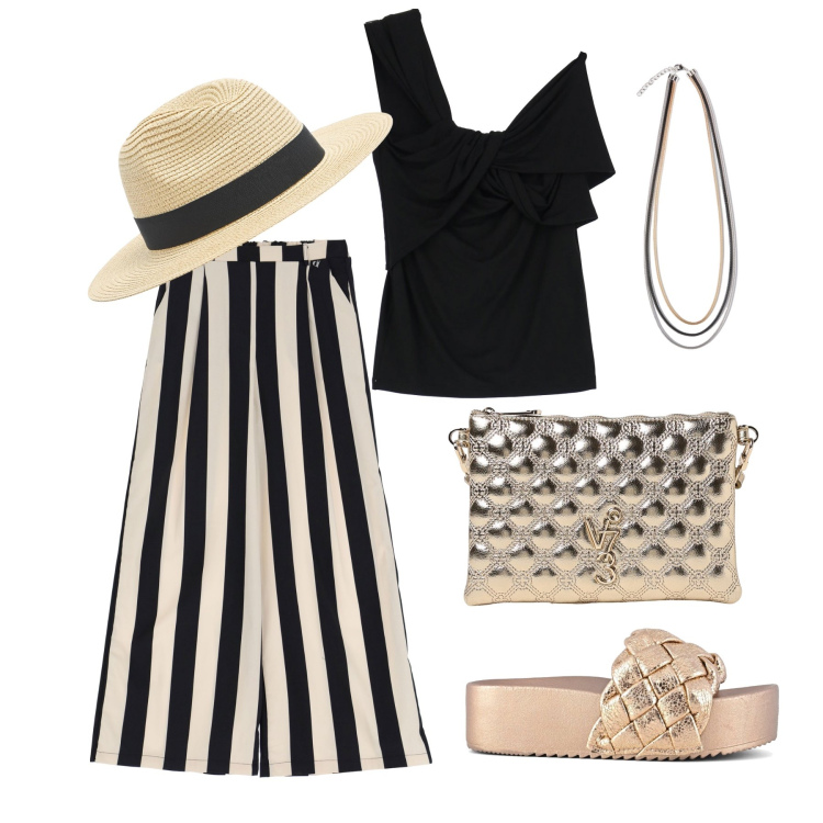 Outfit donna - Ghost outfitter - agosto. Stile Casual chic per Tutti i giorni. Abbinamento con cappelli, top, pantaloni a palazzo, sandali, borse a tracolla, collane.