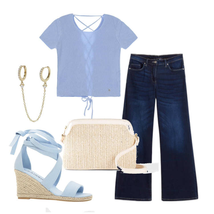 Outfit donna - Ghost outfitter - agosto. Stile Basic per Tutti i giorni. Abbinamento con jeans, borse a tracolla, sandali, orecchini, maglieria.