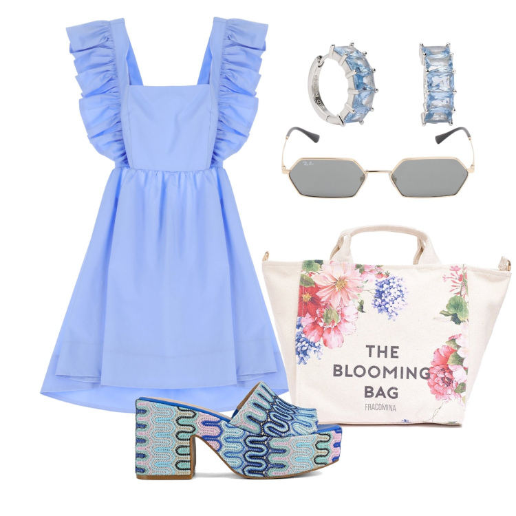 Outfit donna - Ghost outfitter - agosto. Stile Bon Ton per Tutti i giorni. Abbinamento con orecchini, vestiti corti, borse tote, sabot, occhiali da sole.