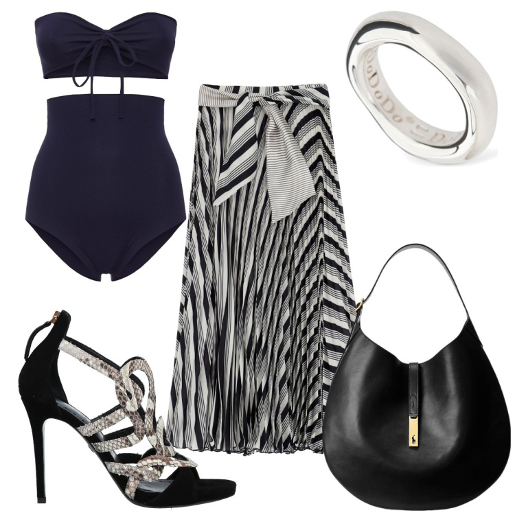 Outfit donna - Total look #1932639. Stile Sexy per Mare. Abbinamento con sandali in pelle, gonne lunghe, borse a spalla, bikini, anelli.