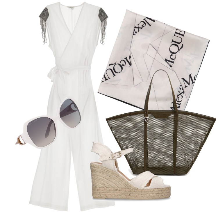 Outfit donna - Ghost outfitter - agosto. Stile Glamour per Tutti i giorni. Abbinamento con tute, occhiali da sole, foulard, espadrillas, shopping bag.