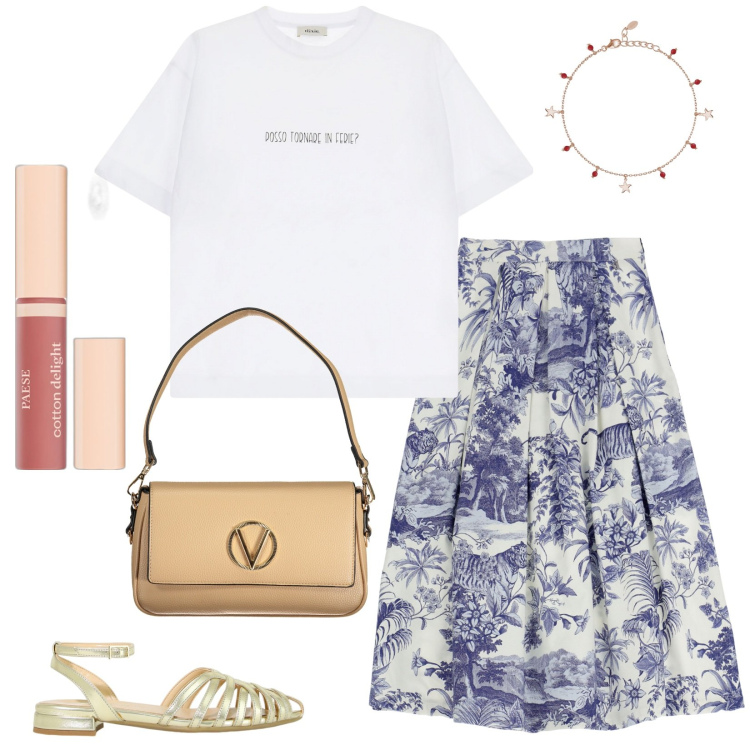Outfit donna - Posso tornare in ferie. Stile Casual chic per Ufficio. Abbinamento con gloss, braccialetti con ciondoli, gonne longuette, t-shirt, sandali in pelle, borse a spalla.