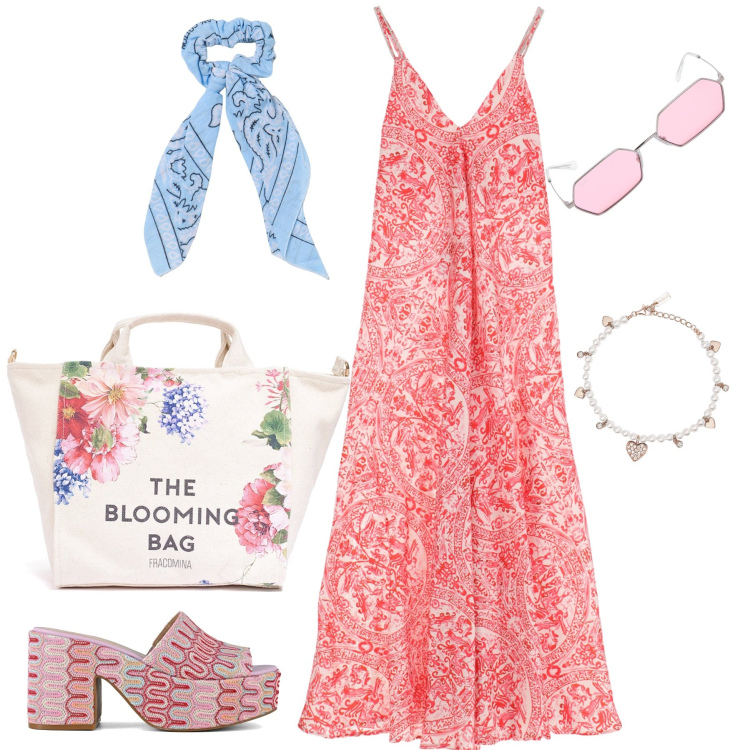 Outfit donna - Al mare fra le bancarelle. Stile Trendy per Mare. Abbinamento con braccialetti, vestiti lunghi, borse tote, sabot, accessori per capelli, occhiali da sole.