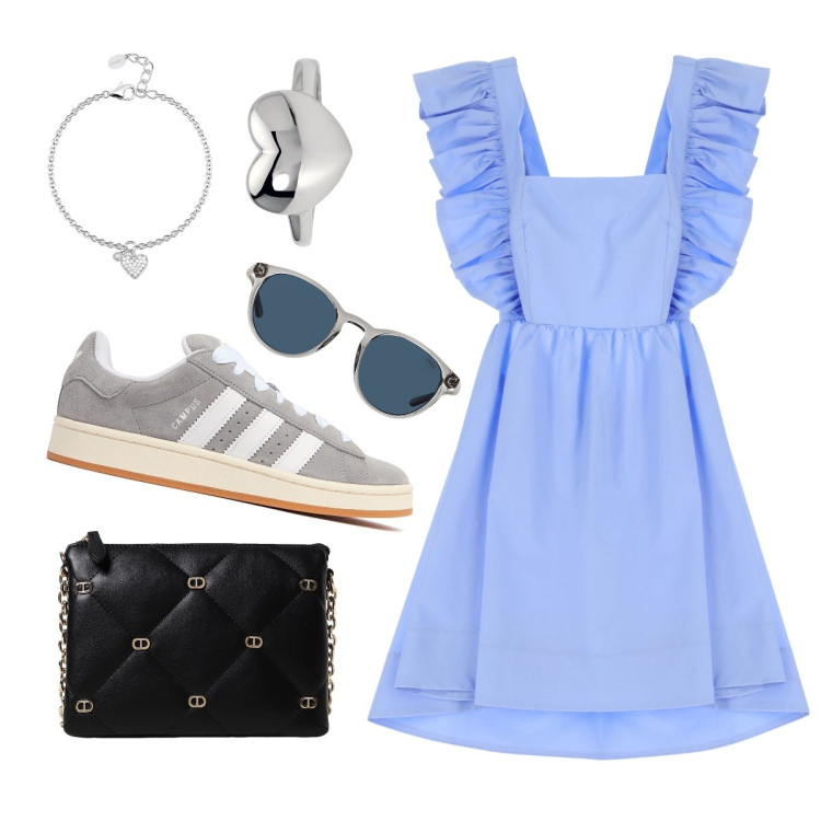 Outfit donna - Total look #1932659. Stile Casual chic per Tutti i giorni. Abbinamento con braccialetti con ciondoli, anelli, vestiti corti, occhiali da sole, borse a tracolla, sneakers.