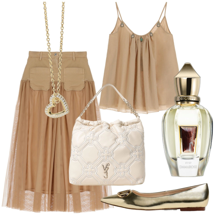 Outfit donna - Veli e trasparenze. Stile Glamour per Tutti i giorni. Abbinamento con profumi, collane, gonne lunghe, canottiere, borse a spalla, ballerine.