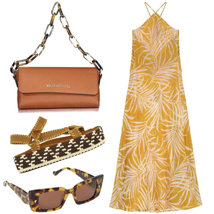 Outfit donna - Agosto zafferano. Stile Etnico per Tutti i giorni. Abbinamento con vestiti lunghi, sandali, borse a spalla, occhiali da sole.