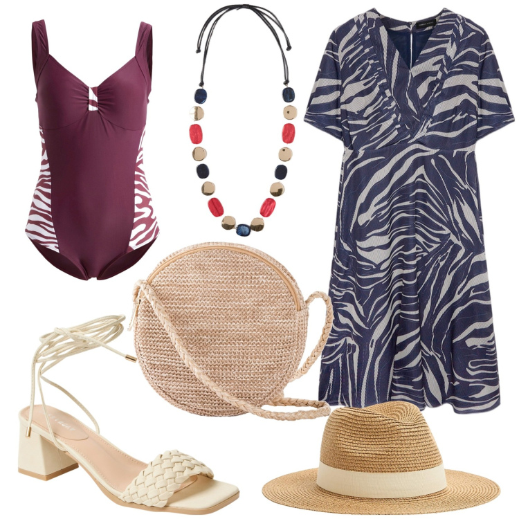 Outfit donna - Total look #1932677. Stile Casual chic per Mare. Abbinamento con borse a tracolla, costumi interi, cappelli, sandali alla schiava, vestiti lunghi, collane.