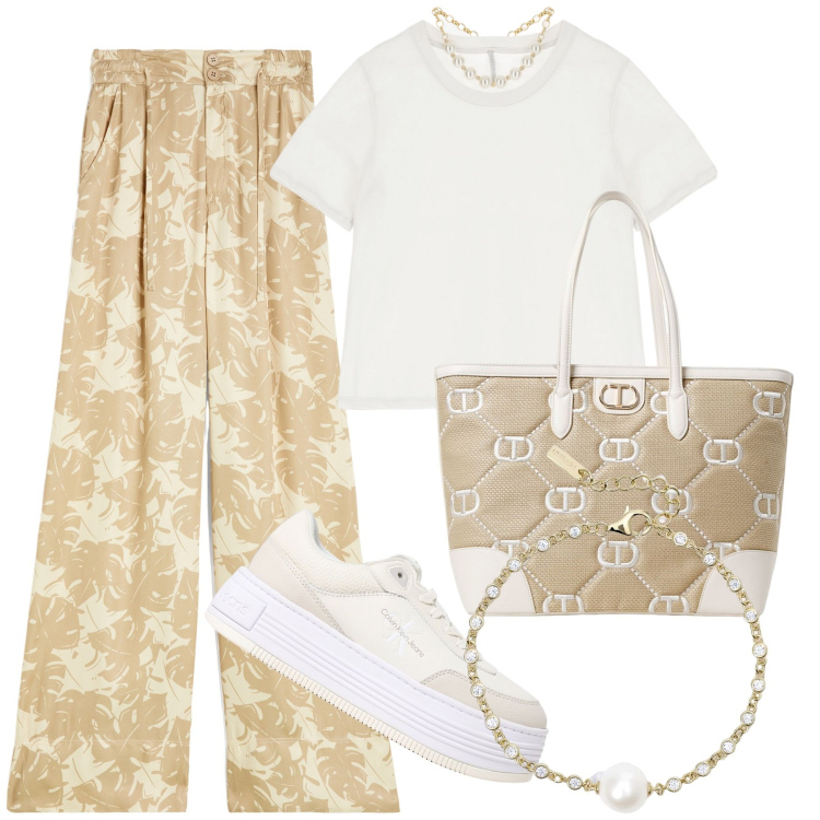 Outfit donna - Agosto, si lavora!. Stile Casual chic per Ufficio. Abbinamento con braccialetti, t-shirt, pantaloni culotte, borse tote, sneakers.