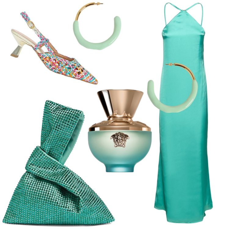 Outfit donna - Turquoise. Stile Chic per Cerimonia. Abbinamento con profumi, sandali in pelle, vestiti, borse a mano, orecchini.