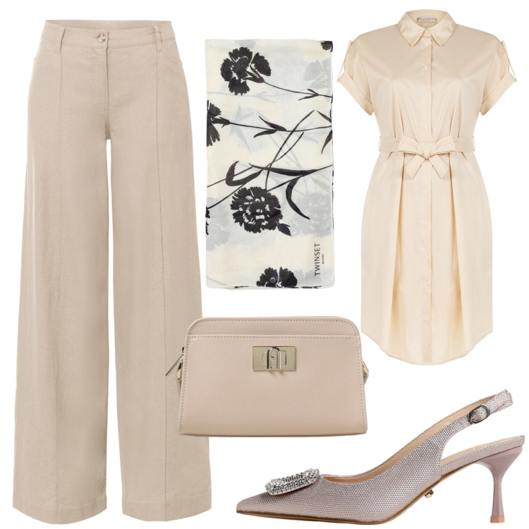 Outfit donna - Total look #1932692. Stile Boho per Cerimonia. Abbinamento con pantaloni a palazzo, camicie, sciarpe, borse a spalla, scarpe col tacco.