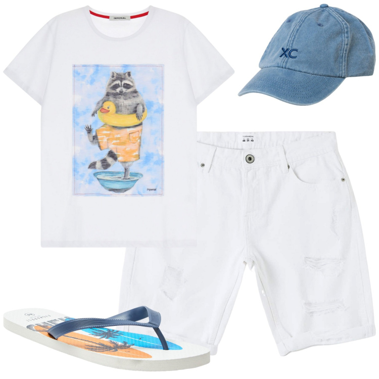 Outfit uomo - White. Stile Casual per Tutti i giorni. Abbinamento con bermuda, sandali, t-shirt, cappelli.