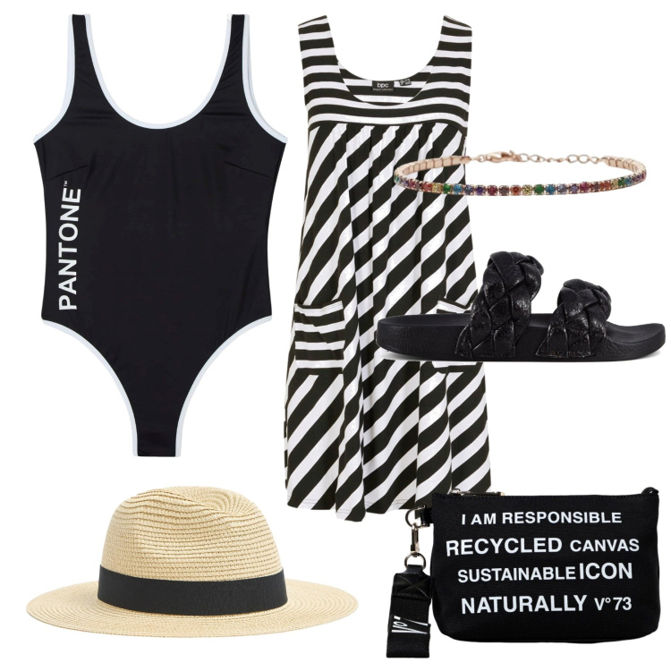 Outfit donna - Total look #1932734. Stile Casual per Tutti i giorni. Abbinamento con vestiti corti, costumi interi, cappelli, braccialetti, ciabatte, borse a tracolla.