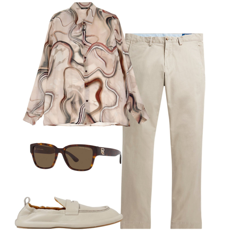 Outfit uomo - La camicia fantasia. Stile Trendy per Serata speciale. Abbinamento con camicie, occhiali da sole, pantaloni, scarpe stringate.