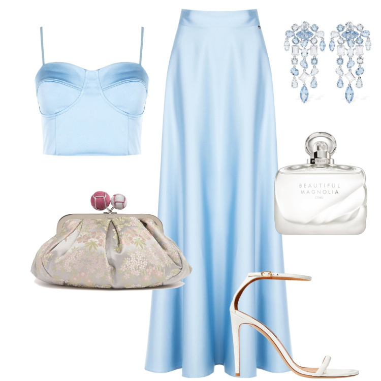 Outfit donna - Afrodite. Stile Chic per Cerimonia. Abbinamento con profumi, gonne, top, sandali in pelle, pochette, orecchini.