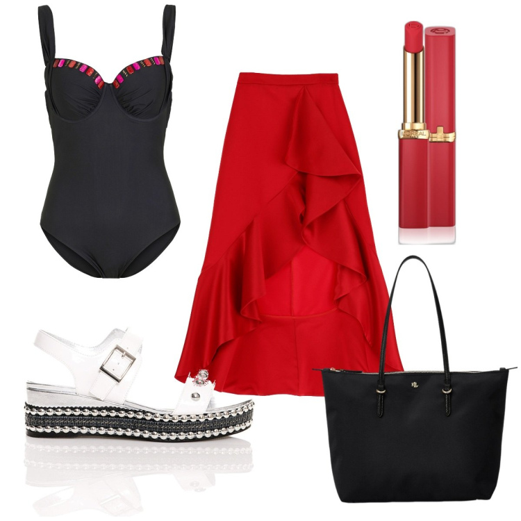 Outfit donna - Total look #1932748. Stile Sexy per Mare. Abbinamento con costumi interi, rossetti, sandali, gonne longuette, borse tote.