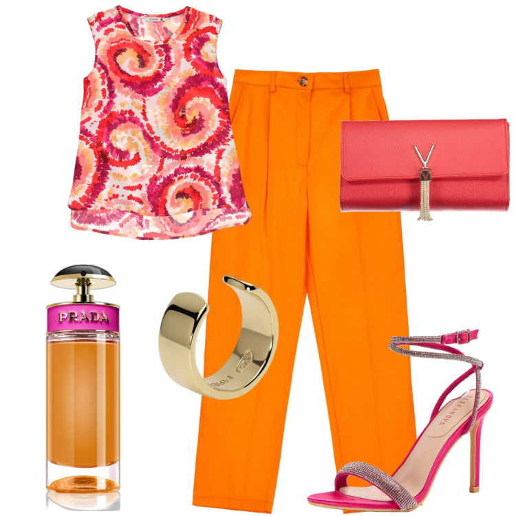 Outfit donna - Sunset kiss. Stile Etnico per Serata fuori. Abbinamento con profumi, sandali col tacco, orecchini, canottiere, pantaloni, borse a mano.