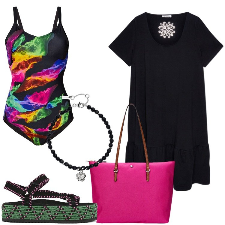 Outfit donna - Nero e colori. Stile Trendy per Mare. Abbinamento con costumi interi, braccialetti, borse tote, vestiti, sandali.