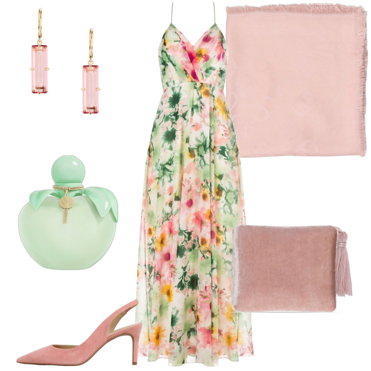 Outfit donna - Invitata al matrimonio di agosto. Stile Chic per Cerimonia. Abbinamento con profumi, vestiti lunghi, orecchini, foulard, pochette, scarpe col tacco.