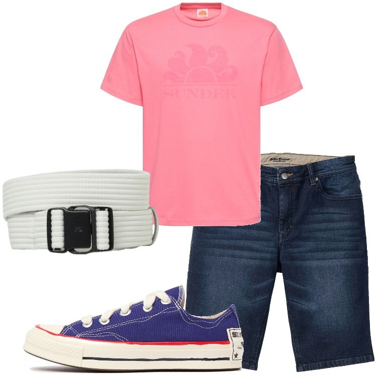 Outfit uomo - Converse Chuck 70 Sketch. Stile Casual per Tutti i giorni. Abbinamento con bermuda, t-shirt, cinture, sneakers.