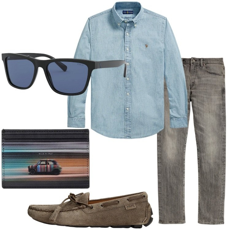 Outfit uomo - Camicia in denim. Stile Casual per Tutti i giorni. Abbinamento con scarpe stringate, occhiali da sole, jeans, camicie, portafogli.