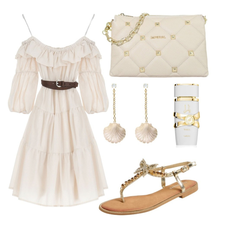 Outfit donna - Passeggiando in riva al mare. Stile Romantica per Serata fuori. Abbinamento con sandali gioiello, profumi, pochette, vestiti corti, orecchini.