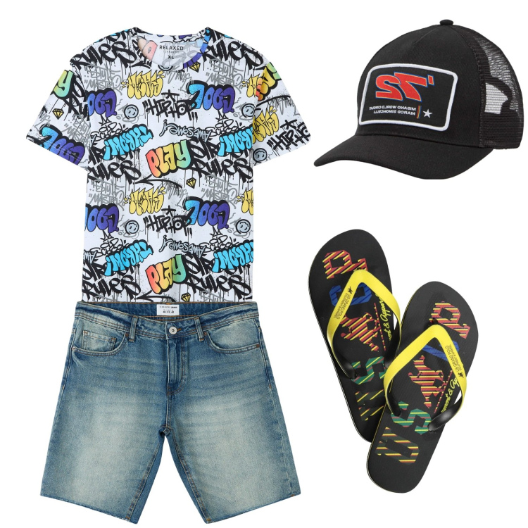 Outfit uomo - Generazione z. Stile Urban per Tutti i giorni. Abbinamento con cappelli, t-shirt, bermuda, sandali.