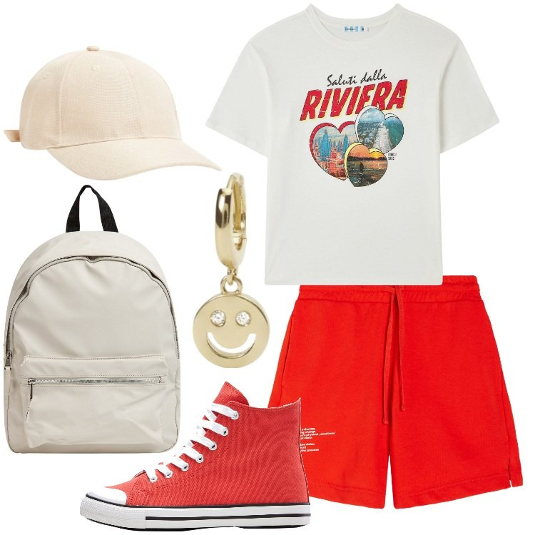 Outfit donna - Turista in città. Stile Casual per Tutti i giorni. Abbinamento con sneakers alte, t-shirt, cappelli, zaini, orecchini, pantaloni corti.