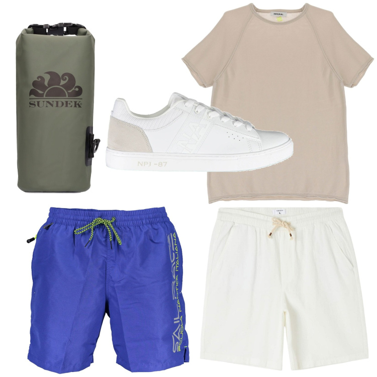 Outfit uomo - Total look #1932798. Stile Casual per Tutti i giorni. Abbinamento con shorts, t-shirt, borse sportive, scarpe sportive, costumi.