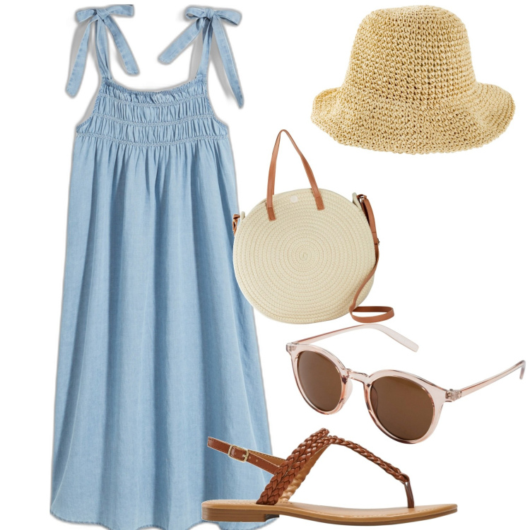 Outfit donna - Look da solleone. Stile Casual per Tutti i giorni. Abbinamento con cappelli, occhiali da sole, vestiti midi/longuette, ciabatte, borse a tracolla.