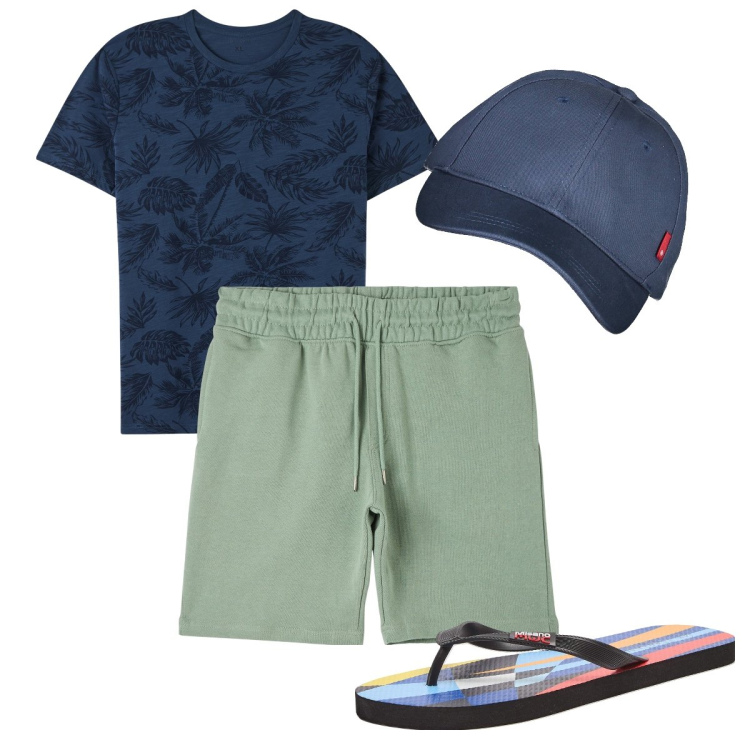 Outfit uomo - Destinazione mare. Stile Casual per Mare. Abbinamento con t-shirt, sandali, pantaloni corti, cappelli con visiera.