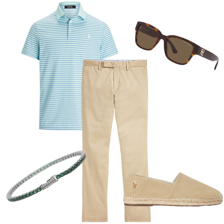 Outfit uomo - Mood da vacanza. Stile Trendy per Tutti i giorni. Abbinamento con braccialetti, occhiali da sole, pantaloni chino, espadrillas, polo.