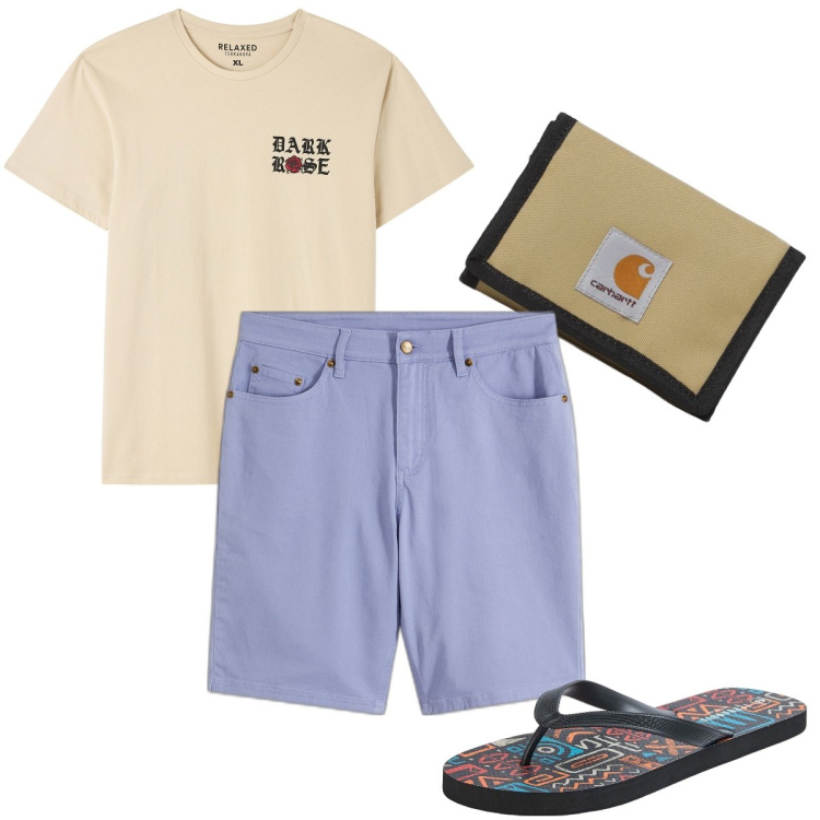 Outfit uomo - Una bibita al chiosco. Stile Casual per Mare. Abbinamento con bermuda, t-shirt, sandali, portafogli.