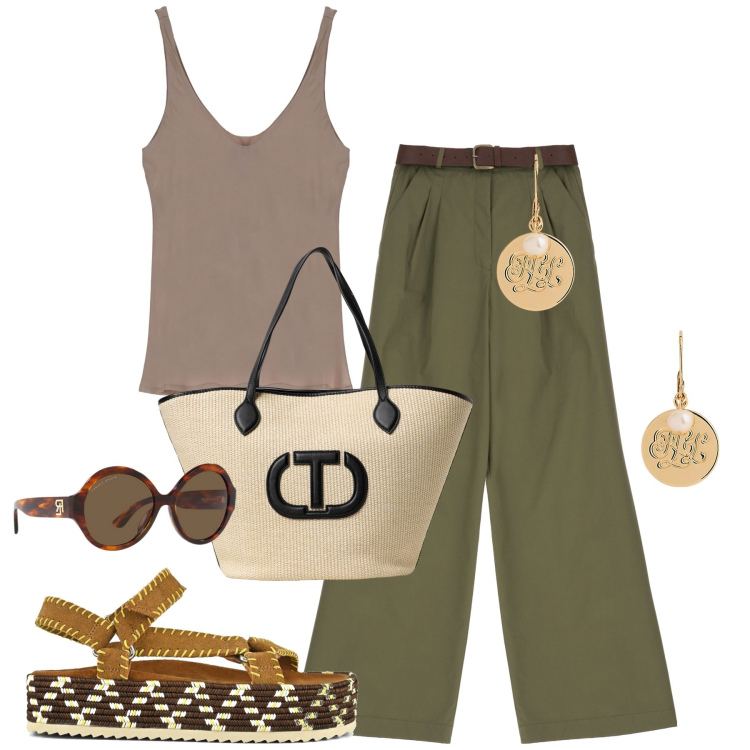 Outfit donna - City. Stile Casual chic per Tutti i giorni. Abbinamento con pantaloni a palazzo, canottiere, orecchini, occhiali da sole, sandali, borse tote.