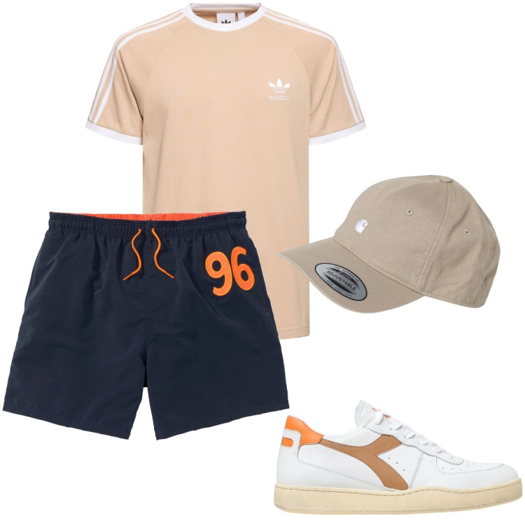 Outfit uomo - Corsa sul lungomare. Stile Casual per Sport. Abbinamento con pantaloni corti, cappelli, sneakers, t-shirt.