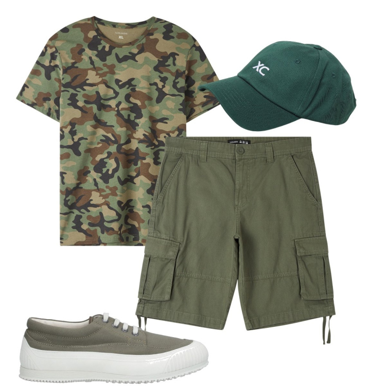 Outfit uomo - Stile militare. Stile Casual per Tutti i giorni. Abbinamento con sneakers, t-shirt, pantaloni corti, cappelli.