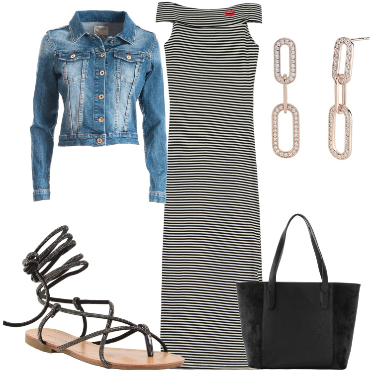 Outfit donna - Summer vibes. Stile Casual chic per Tutti i giorni. Abbinamento con shopping bag, sandali alla schiava, orecchini, blazer, vestiti a tubino.
