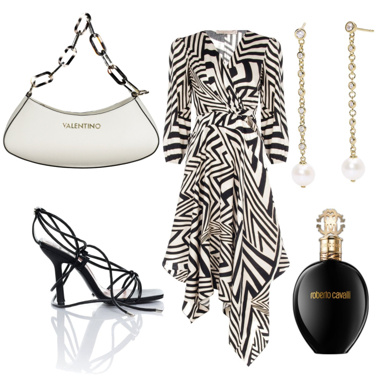 Outfit donna - cerimonia in bianco e nero. Stile Glamour per Cerimonia. Abbinamento con profumi, orecchini, sandali alla schiava, vestiti midi/longuette, borse a spalla.