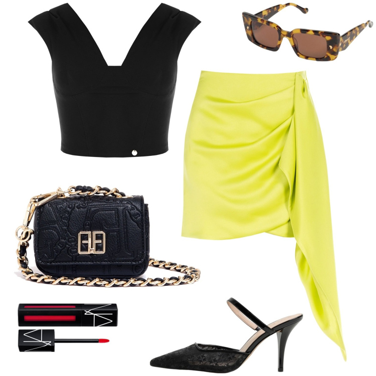 Outfit donna - eye of the tiger. Stile Trendy per Serata fuori. Abbinamento con rossetti, minigonne, top, marsupi, occhiali da sole, scarpe col tacco.