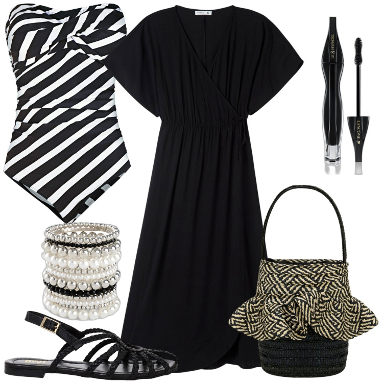 Outfit donna - Catch the stars. Stile Casual chic per Serata fuori. Abbinamento con braccialetti, costumi interi, mascara, vestiti lunghi, borse a secchiello, sandali.