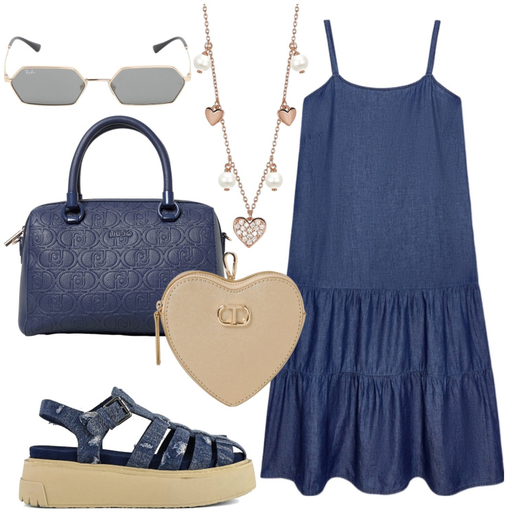 Outfit donna - Cuoriciosa. Stile Casual per Tutti i giorni. Abbinamento con collane, vestiti lunghi, sandali, borse a mano, portamonete, occhiali da sole.