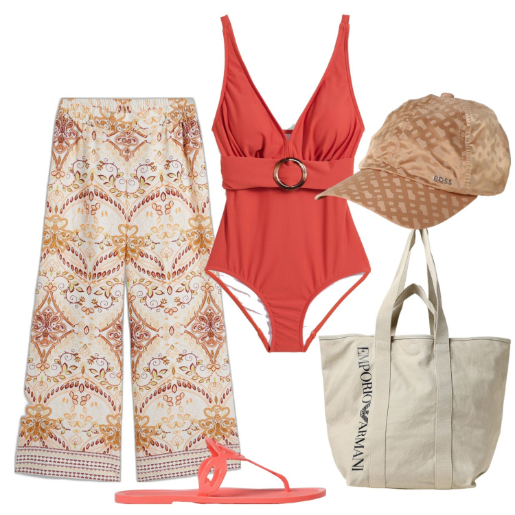 Outfit donna - Giornata in spiaggia. Stile Casual chic per Mare. Abbinamento con costumi interi, pantaloni a palazzo, cappelli, borse tote, ciabatte.