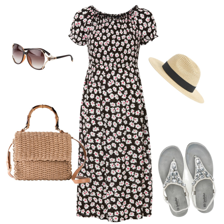 Outfit donna - Stile boho donna curvy. Stile Boho per Serata fuori. Abbinamento con occhiali da sole, vestiti, borse a mano, cappelli, sandali.