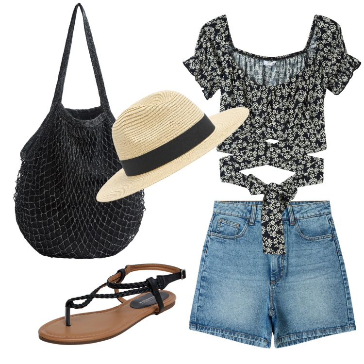 Outfit donna - In passeggiata. Stile Etnico per Tutti i giorni. Abbinamento con bluse, bermuda, ciabatte, cappelli, borse a tracolla.