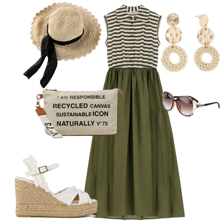 Outfit donna - Exploring. Stile Casual chic per Tutti i giorni. Abbinamento con occhiali da sole, cappelli, orecchini, vestiti midi/longuette, valigie, sandali col tacco.