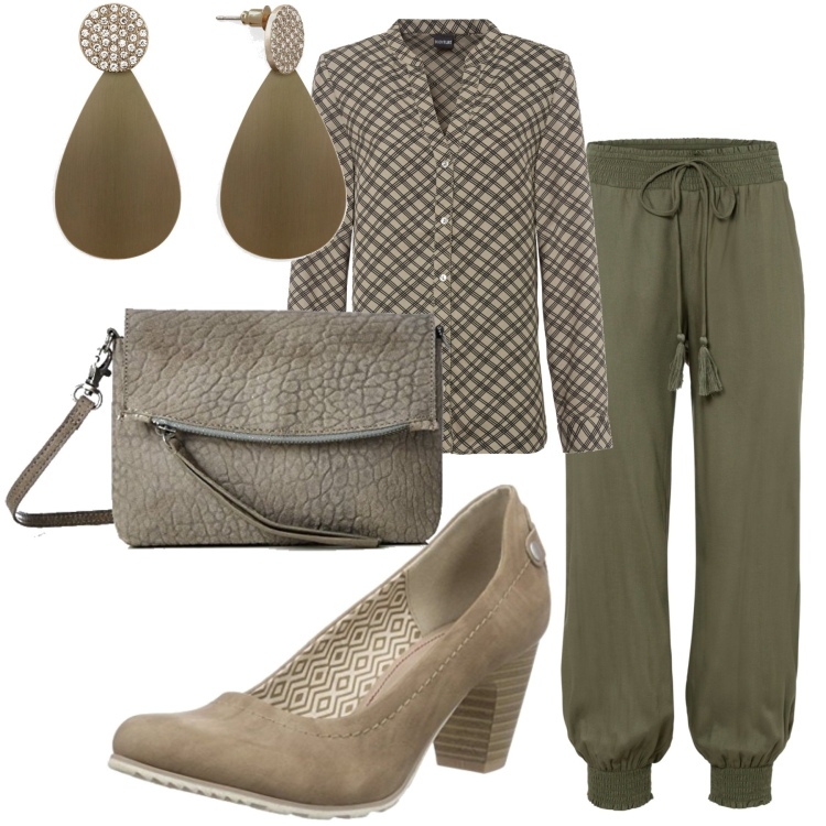 Outfit femme - Août : style à part. Style Militaire pour Tous les jours. Assortir avec pantalon , tuniques, boucles d'oreilles, sacs en bandoulière, chaussures à talon.